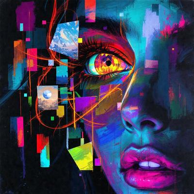 The primary subject of the image is a woman with a colorful, abstract background. The setting is a colorful, artistic environment, and the visual style is a combination of digital art and illustration. The colors and mood of the image are vibrant and lively, with a focus on the woman's eyes, which are painted in a striking shade of yellow.